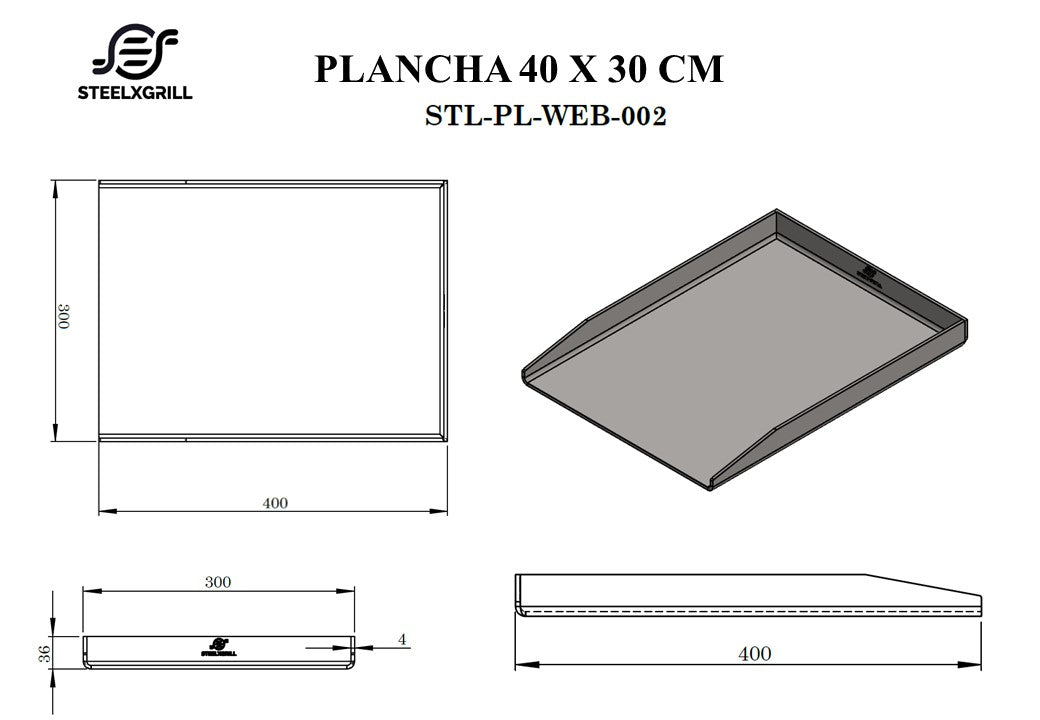 Piastra Grill Acciaio Inox | 40x30x3,6 cm | STEELXGRILL